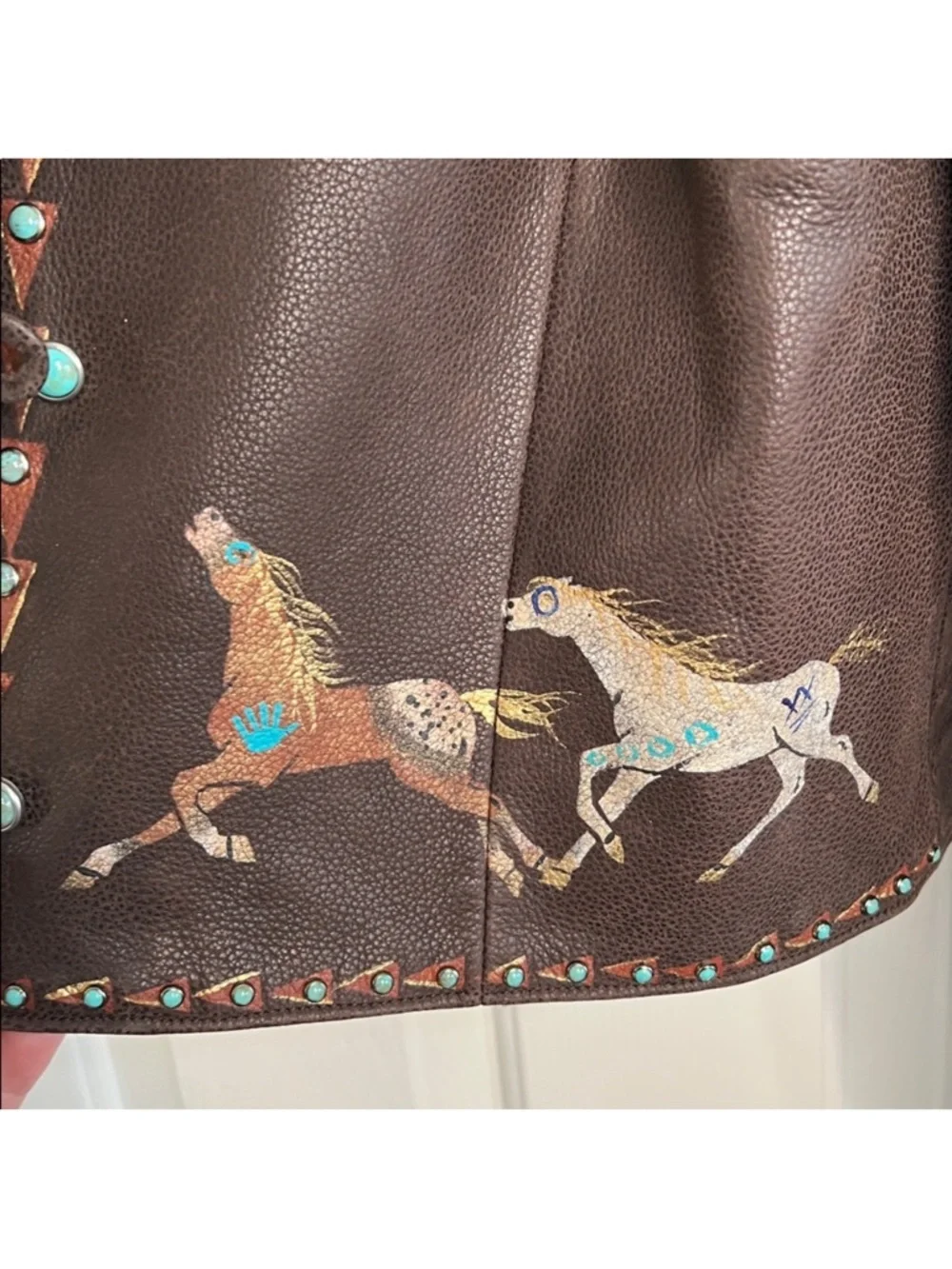 Patricia Wolf hand painted Indian ponies Leather Jacket Turquoise Studs L EUC - Picture 4 of 10